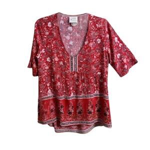 KNOX ROSE Blouse Women's Size S Red Multi-Floral Paisley Print Relaxed Fit Boho
